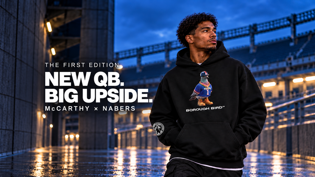 Borough Bird hoodie with New QB Big Upside headline inset for responsive cards