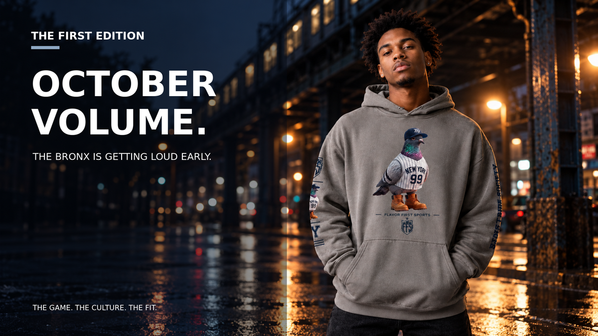 Male model wearing the grey Flavor First Sports Bronx Borough Bird No. 99 hoodie beneath a Bronx elevated train at night, with an October Volume editorial headline.