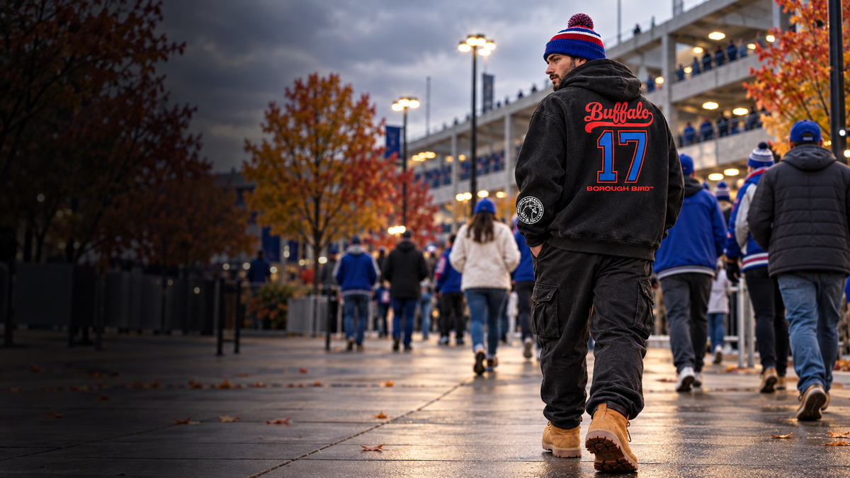 Buffalo No. 17 Borough Bird hoodie on a game-day walk outside the stadium