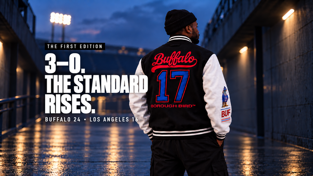 Buffalo No. 17 varsity jacket with 3–0 The Standard Rises headline inset for responsive cards