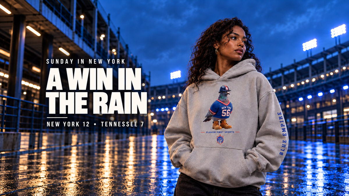 Blue Empire hoodie with A Win in the Rain headline inset for responsive cards