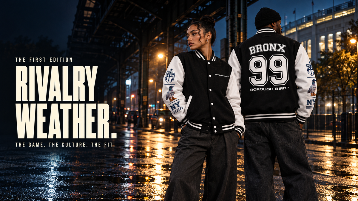 Two adult models wear the Bronx Borough Bird No. 99 varsity jacket beneath a Bronx elevated train on a wet night.