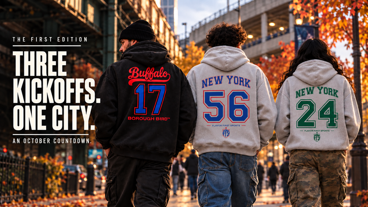 Three models from behind show Buffalo 17, Blue Empire 56 and Gotham 24 Borough Bird hoodie backs on a fall New York street.
