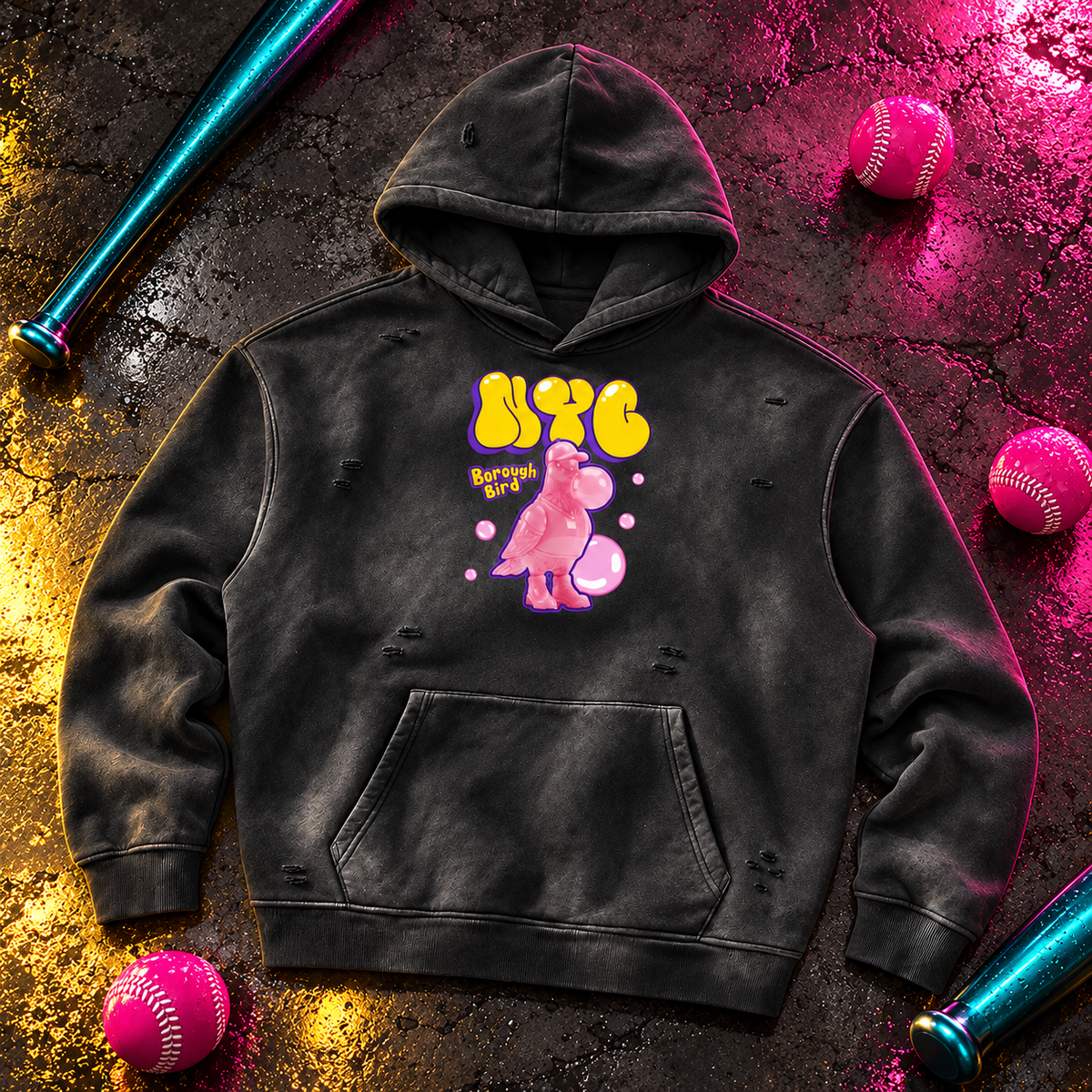 Borough Bird Bubblegum Fade Sunfade Frayed Hoodie styled laydown with pink baseballs and teal bats